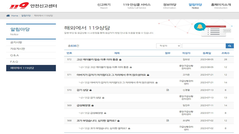 재외국민 119응급의료상담서비스는 해외에서도 국가로부터 보호받을 수 있다는 점에서 든든한 정책이란 생각이 들었다. (사진=119안전신고센터 누리집)