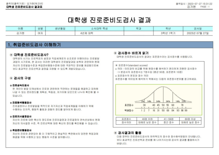 대학생 진로 준비도 검사 결과 예시