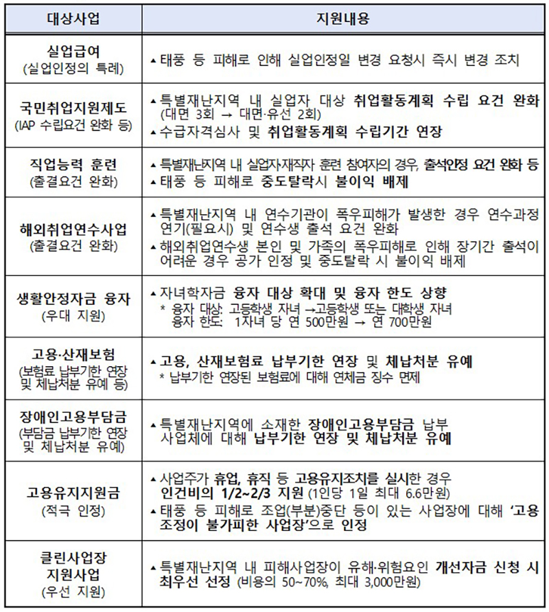 특별재난지역 고용·생활안정 및 사업장 피해복구 지원내용 (자세한 내용은 본문에 설명 있음)