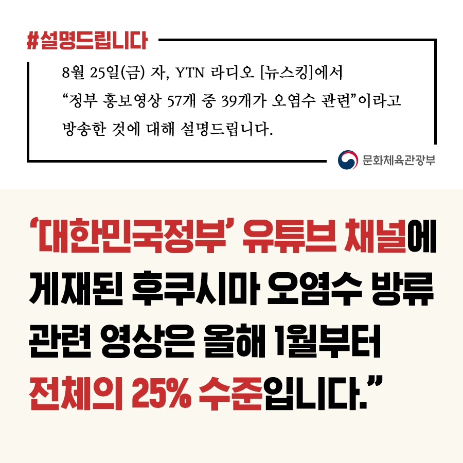 문체부 “정부 홍보영상 57개 중 39개가 오염수 관련 보도는 사실과 달라”