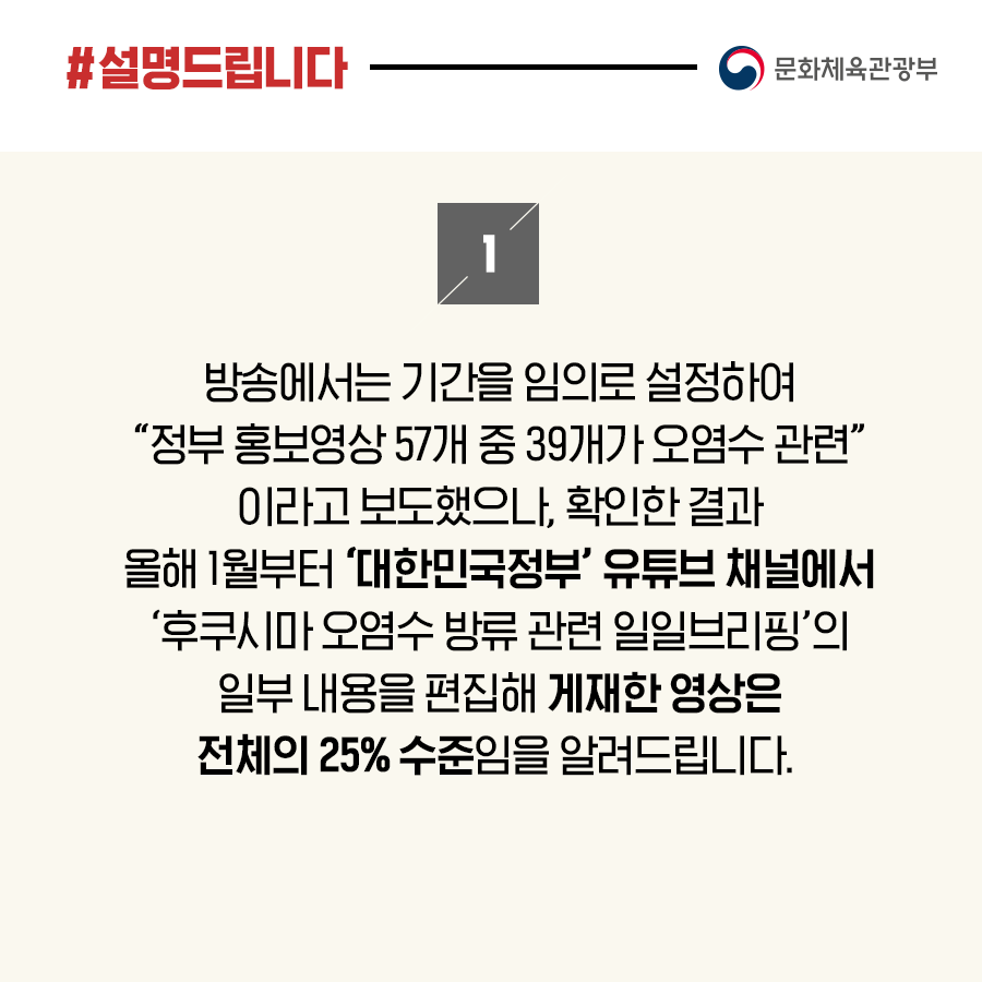 문체부 “정부 홍보영상 57개 중 39개가 오염수 관련 보도는 사실과 달라”