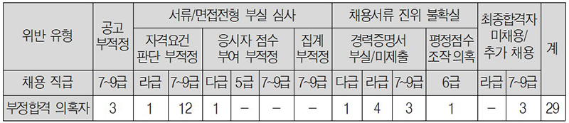 채용단계별 합격자 부당결정 부정합격 의혹자 발생 유형 (자세한 내용은 본문에 설명 있음)