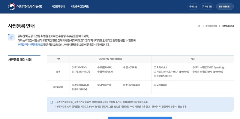 어학성적 사전등록 대상 시험 목록. (출처: 통합채용포털)