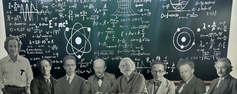 양자역학의 위대한 과학자들. (좌측부터) 리처드 파인만, 루이 드 브로이, 닐스 보어, 막스 플랑크, 피터쇼어, 에르빈 슈뢰딩거, 베르너 하이젠베르크, 알버트 아인슈타인 (자료: 퀀텀코리아 2024)