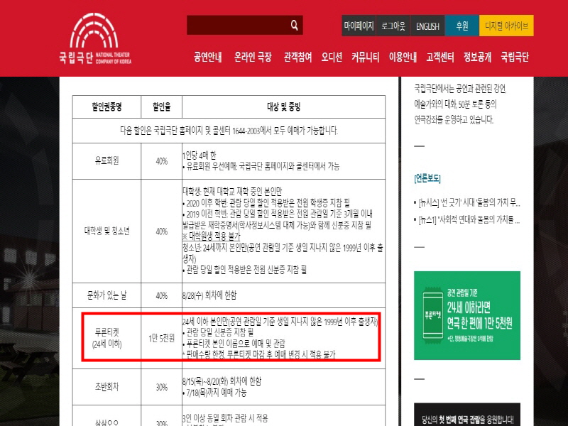 국립극단의 <푸른티켓> 사업으로 공연 관람일 기준으로 24세까지의 청소년 누구나 1만5천 원에 국립극단의 공연을 관람할 수 있다.(사진=국립극단 누리집)