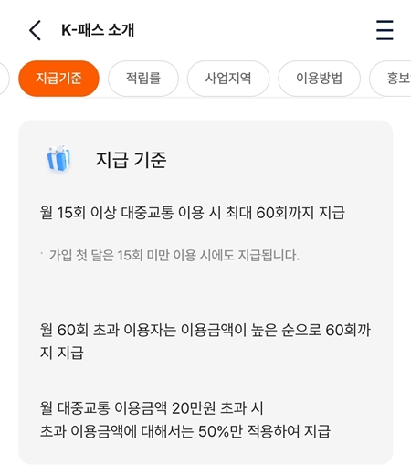 K-패스 교통 카드와 함께 월 15회 이상 대중교통을 이용하면, 최대 60회까지 한 달 동안 이용한 교통비 중 일부를 환급받을 수 있다.