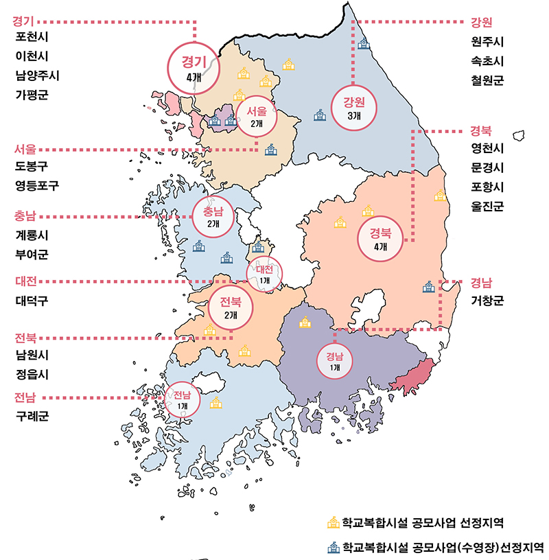 2024년 학교복합시설 2차 공모사업 선정 결과 지역 분포  (자세한 내용은 본문에 설명 있음)