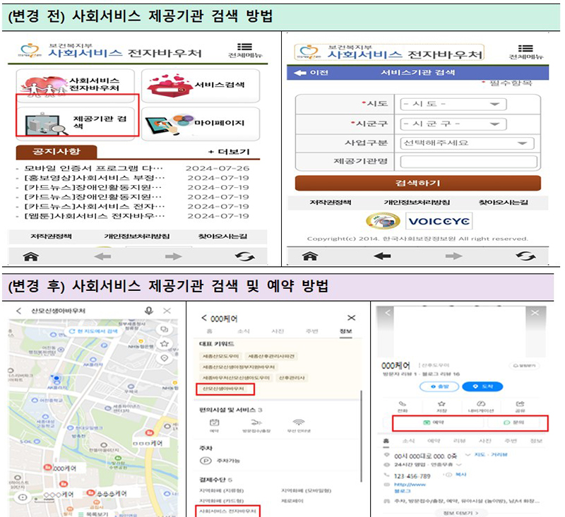 사회서비스 제공기관 검색방법 변경 전 및 후 (자세한 내용은 본문에 설명 있음)