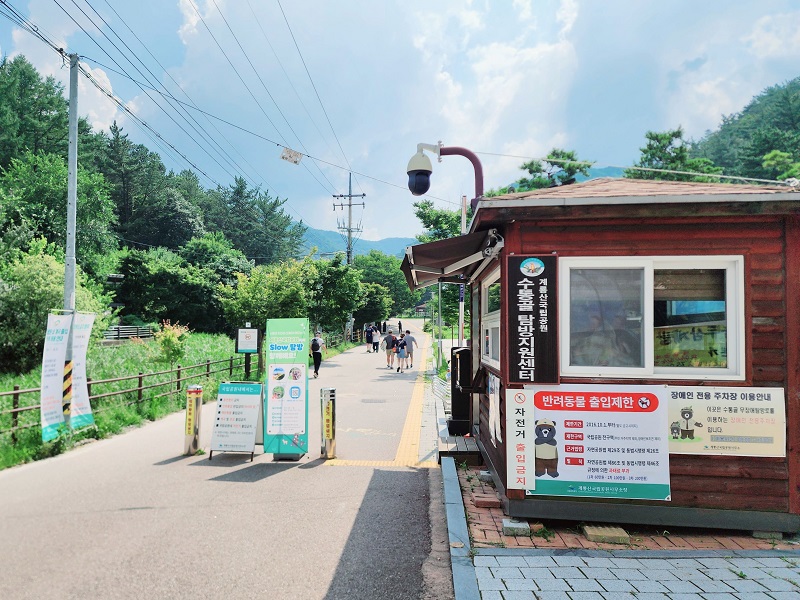 계룡산국립공원 탐방지원센터와 진입로 입구.