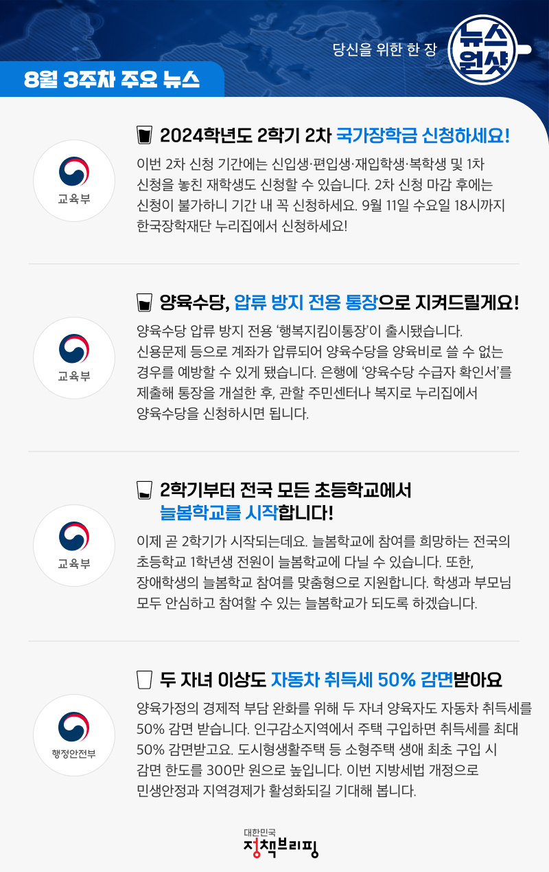 [뉴스원샷] 국가장학금 2차 신청부터 양육수당 보호 통장까지, 놓치지 말아야 할 정책