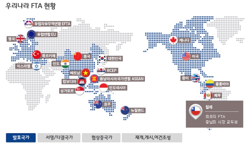 우리나라 FTA 현황.(출처=https://www.fta.go.kr/main/)