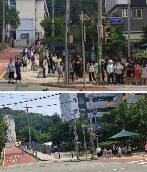 작년 9월, 학교 안전 점검 당시 하교 길인 위 사진과 비교하면 횡단보도 추가 설치로 위해 요소로 지적됐던 병목현상이 해결된 것을 볼 수 있다.