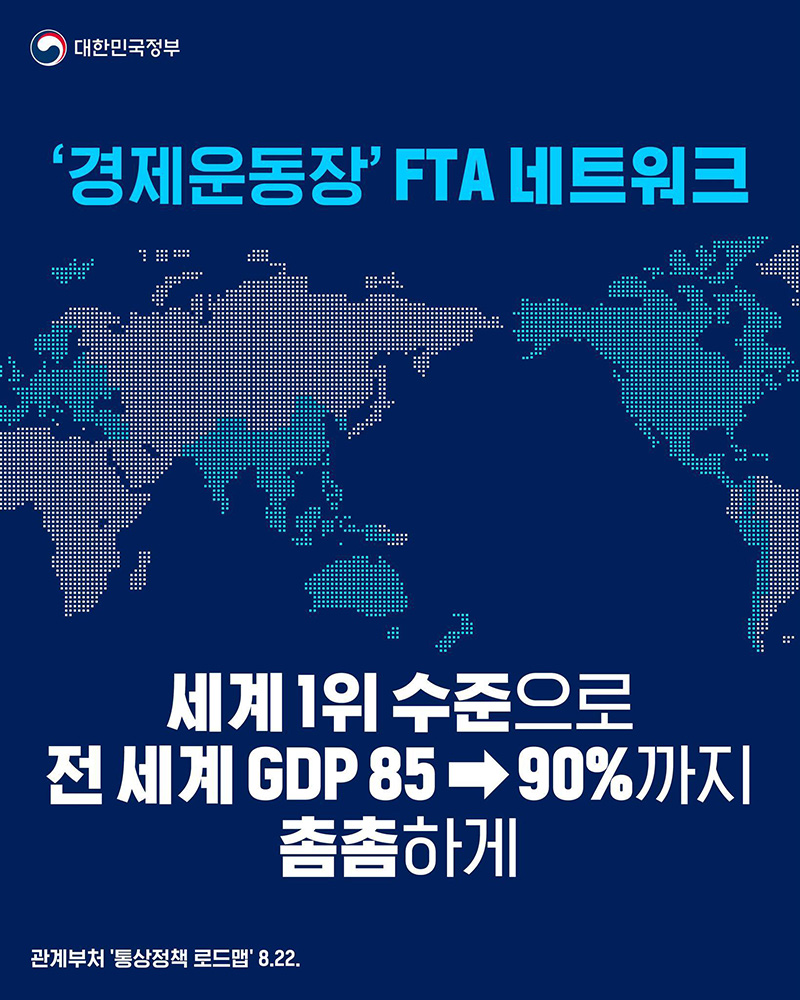 ‘경제운동장’  FTA 네트워크, 세계1위 수준 GDP 90%까지 확충 하단내용 참조