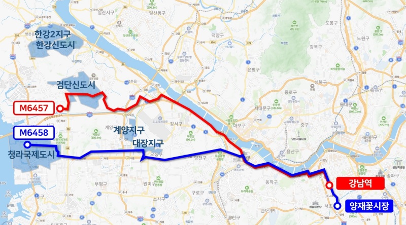 인천 기점 노선도(M6457번, M6458번).(제공=국토교통부)