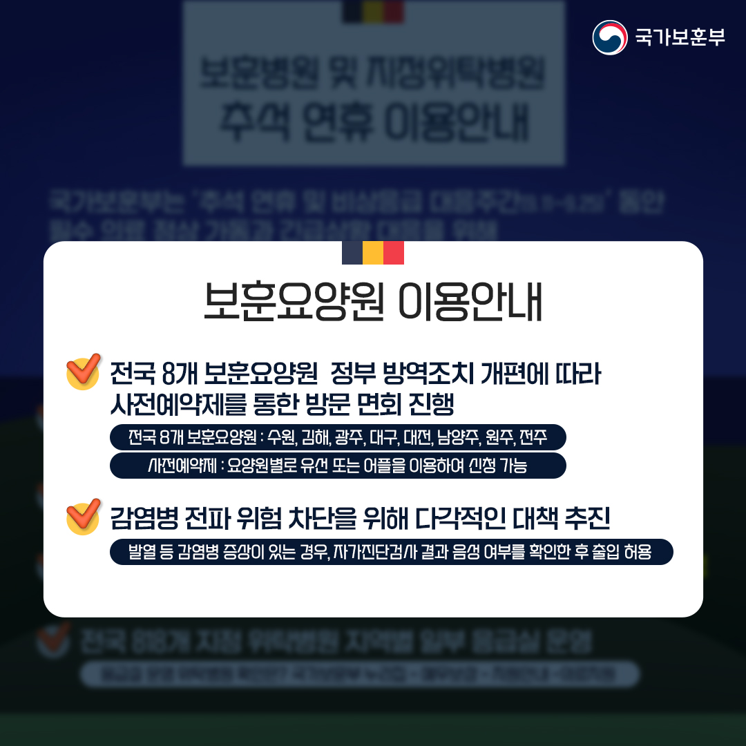 추석 연휴 국립묘지 및 보훈병원·요양원 이용안내