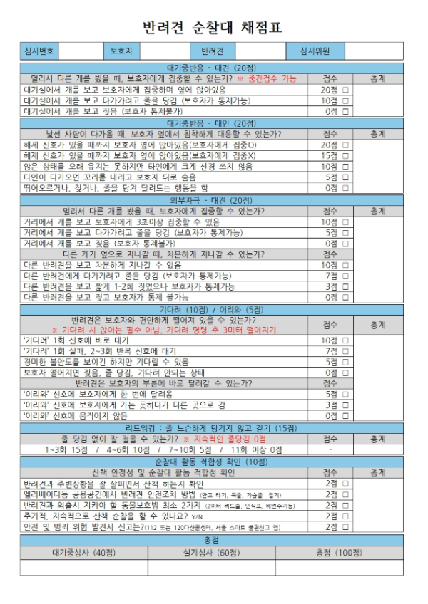 반려견 순찰대 심사 채점표