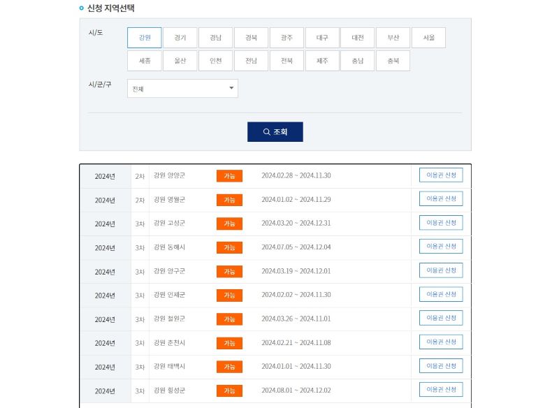 스포츠 강좌 이용권의 모집현황 페이지. '강원'지역으로 한정했음에도 현재 대부분의 지역에서 모집이 진행중인 것을 확인할 수 있었다(출처=스포츠 강좌이용권 누리집)