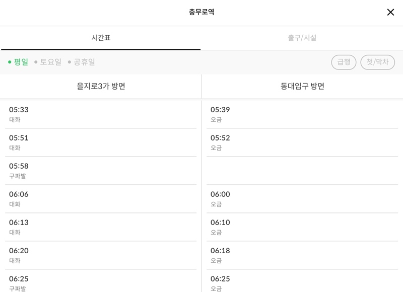 지하철의 첫차와 막차를 평일, 공휴일 등으로 나누어서 볼 수 있지만 아직 지연 정보 등은 확인할 수 없다.