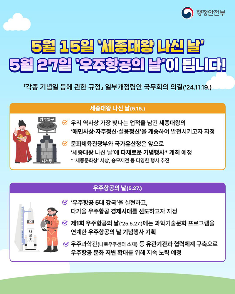 5월 15일 ‘세종대왕 나신 날’ 5월 27일 ‘우주항공의 날’ 하단내용 참조