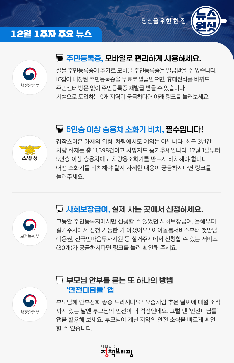 [뉴스원샷] 모바일 주민등록증 시대 시작! 12월 1주 따끈한 정책 소식