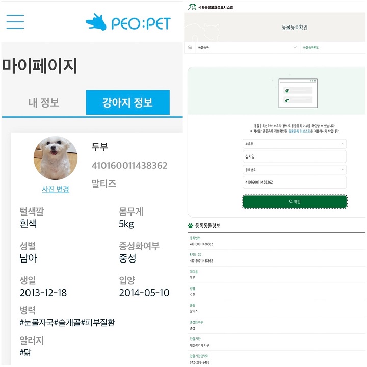 국가동물보호 정보시스템에서 반려동물등록 조회가 가능하다.