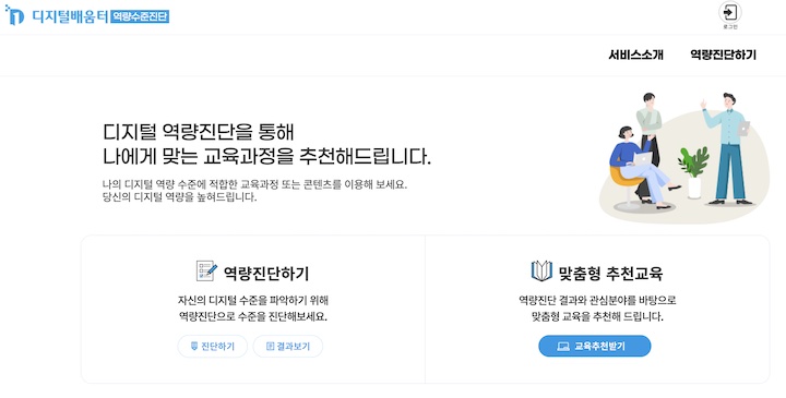 디지털배움터 홈페이지의 '디지털 역량 진단' 페이지. 자신의 디지털 수준을 파악할 수 있고, 역량 진단 결과와 관심 분야에 따라 맞춤 교육을 추천받을 수 있다.