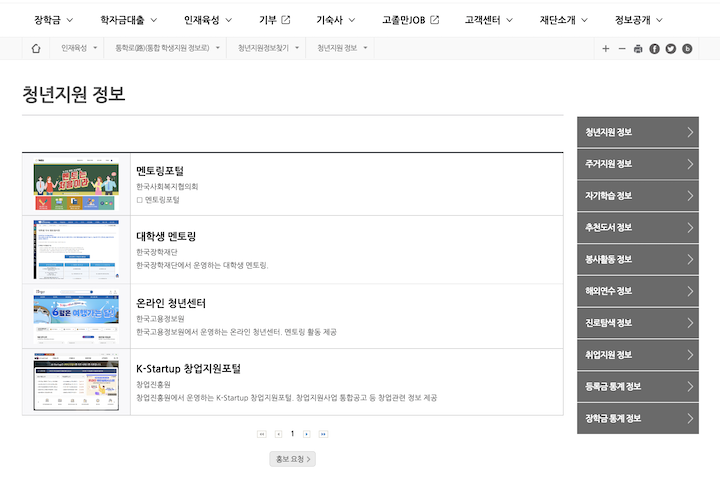 청년지원 정보 서비스를 통해 얻을 수 있는 누리집 정보이다.