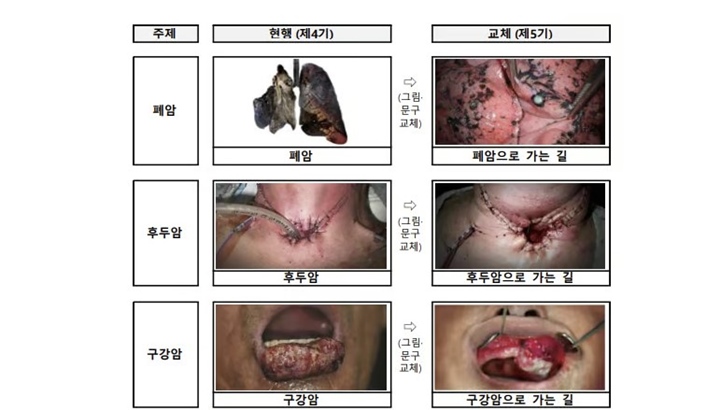 제5기 담뱃갑 경고문구에 삽입될 사진과 문구들. 한층 더 자극적으로 변했다. (출처: 보건복지부)