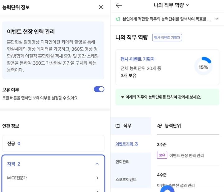 (좌)직업 능력단위 정보 / (우)나의 직무 역량 화면 (출처=고용24 어플)