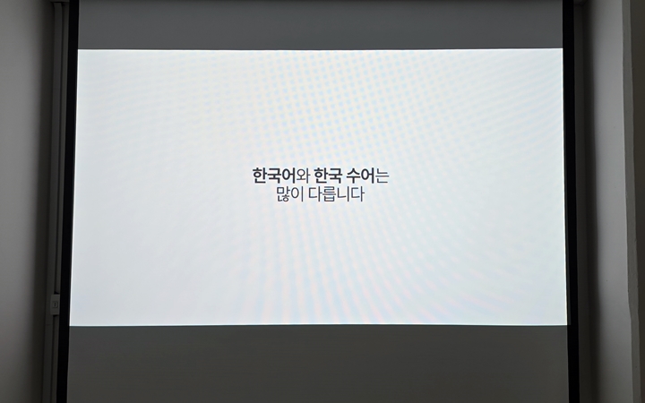 영상에 나오는 문장. 한국어와 한국수어는 다르다. 이를 기념해 2월 3일 한국수어의 날이 법정기념일로 됐다.