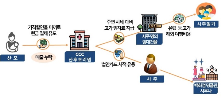 산후조리원 탈루혐의 사례(할인을 미끼로 받은 현금을 신고 누락하고, 사주에게 과다 임차료를 지급하며 비용을 부풀린 경우).(국세청 제공)