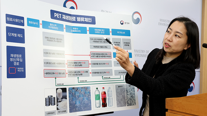 이정미 환경부 자원재활용과장이 지난 18일 세종시 정부세종청사에서 먹는샘물과 음료 페트병에 대해 재생원료 사용을 의무화하는 자원 절약과 재활용 촉진에 관한 법률 '자원재활용법 하위법령' 일부 개정안 내용을 설명하고 있다. (ⓒ뉴스1, 무단 전재-재배포 금지)