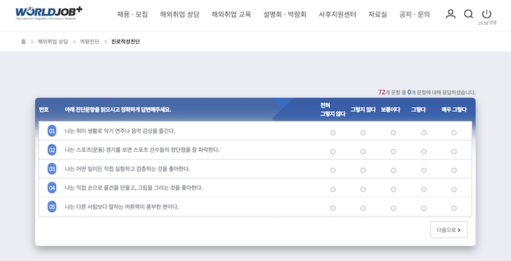 '진로적성검사'를 진행하고 있는 화면이다.