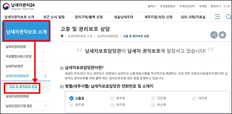 '납세자 권익 24' 누리집 납세자보호담당관 제도. <출처=납세자 권익 24 누리집>