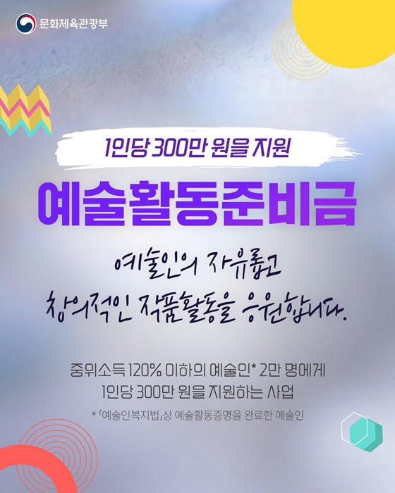 예술활동준비금  예술인 1인당 300만 원 지원