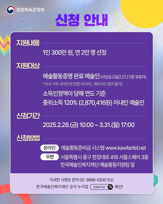 예술활동준비금  예술인 1인당 300만 원 지원