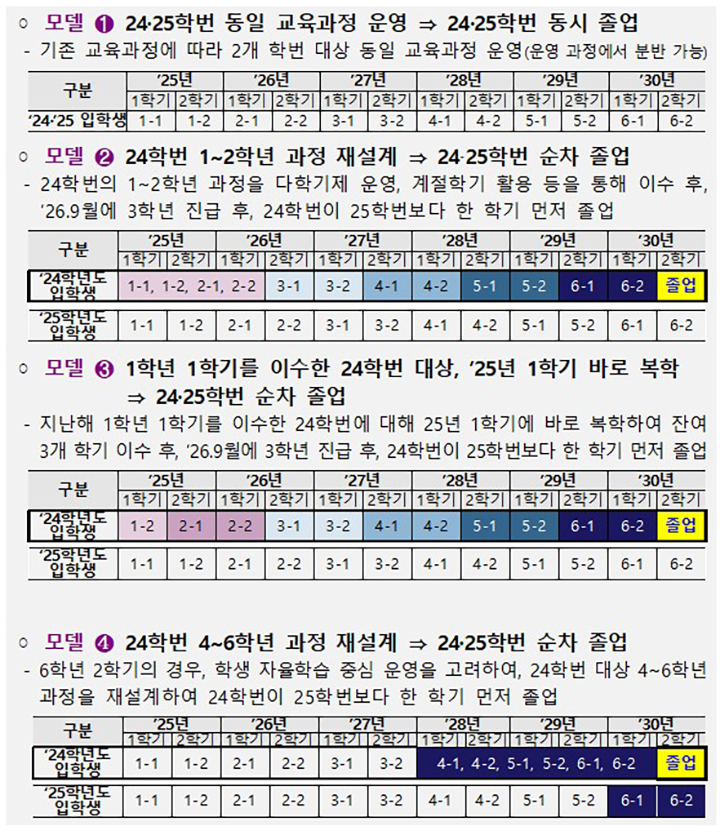 의대협회가 제안한 2024·25학번 교육 운영 주요 모델(안)  (자세한 내용은 본문에 설명 있음)