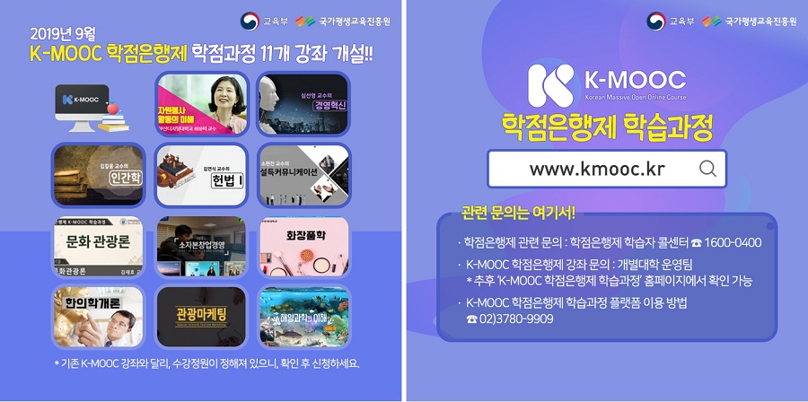 2019년 9월 K-MOOC 학점은행제 학습과정 11개 강좌 개설 자워봉사활동의 이해, 경영혁신, 인간학, 헌법Ⅰ, 설득커뉴니케이션, 문화 관광론, 소자본창업경영, 화장품학, 한의학개론, 관광마케팅, 해일과학의 이해 ＊기존 K-MOOC 강좌와 달리, 수강정원이 정해져 있으니, 확인 후 신청하세요. K-MOOC 학점은행제 학습과정 www.kmooc.kr 관련 문의는 여기서! -학점은행제 관련 문의:학점은행제 학습자 콜센터☎ 1600-0400 -K-MOOC 학점은행제 강좌 문의:개별대학 운영팀 ＊추후 'K-MOOC 학점은행제 학슴과정' 홈페이지에서 확인 가능 -K-MOOC 학점은행제 학습과정 플랫폼 이용방법 ☎02)3780-9909