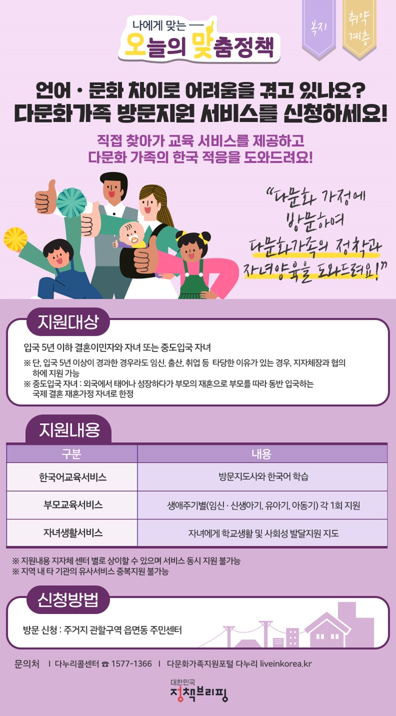 [오맞! 이 정책] 언어·문화 차이로 어려움을 겪고 있다면 다문화가족 방문지원 서비스를 신청하세요!