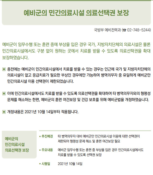 예비군의 민간의료시설 의료선택권 보장▶/ 추진배경 타 병역의무자 대비 예비군만 민간의료시설 이용에 대한 선택권이제한되어 형평성 문제 해소 및 훈련 여건보장 필요/ 주요내용 예비군 임무수행 또는 훈련 중 부상을 입은 경우 민간의료시설에서도치료를 받을 수 있도록 선택권 보장/ 시행일 2021년 10월 14일