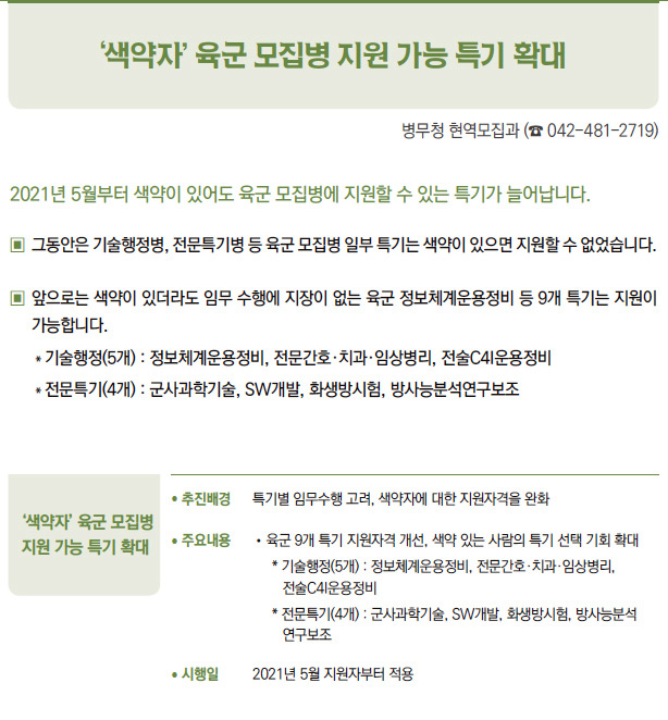 ‘색약자’ 육군 모집병 지원 가능 특기 확대▶/ 추진배경 특기별 임무수행 고려, 색약자에 대한 지원자격을 완화/ 주요내용 / 육군 9개 특기 지원자격 개선, 색약 있는 사람의 특기 선택 기회 확대* 기술행정(5개) : 정보체계운용정비, 전문간호·치과·임상병리,전술C4I운용정비* 전문특기(4개) : 군사과학기술, SW개발, 화생방시험, 방사능분석연구보조/ 시행일 2021년 5월 지원자부터 적용