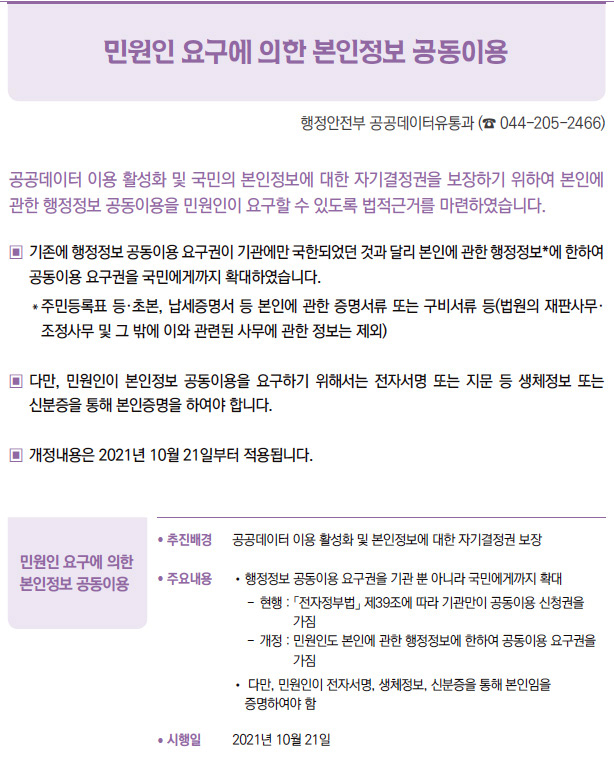 민원인 요구에 의한 본인정보 공동이용▶/ 추진배경 공공데이터 이용 활성화 및 본인정보에 대한 자기결정권 보장/ 주요내용 / 행정정보 공동이용 요구권을 기관 뿐 아니라 국민에게까지 확대- 현행 : 「 전자정부법」 제39조에 따라 기관만이 공동이용 신청권을가짐- 개정 : 민 원인도 본인에 관한 행정정보에 한하여 공동이용 요구권을가짐/ 다만, 민원인이 전자서명, 생체정보, 신분증을 통해 본인임을증명하여야 함/ 시행일 2021년 10월 21일