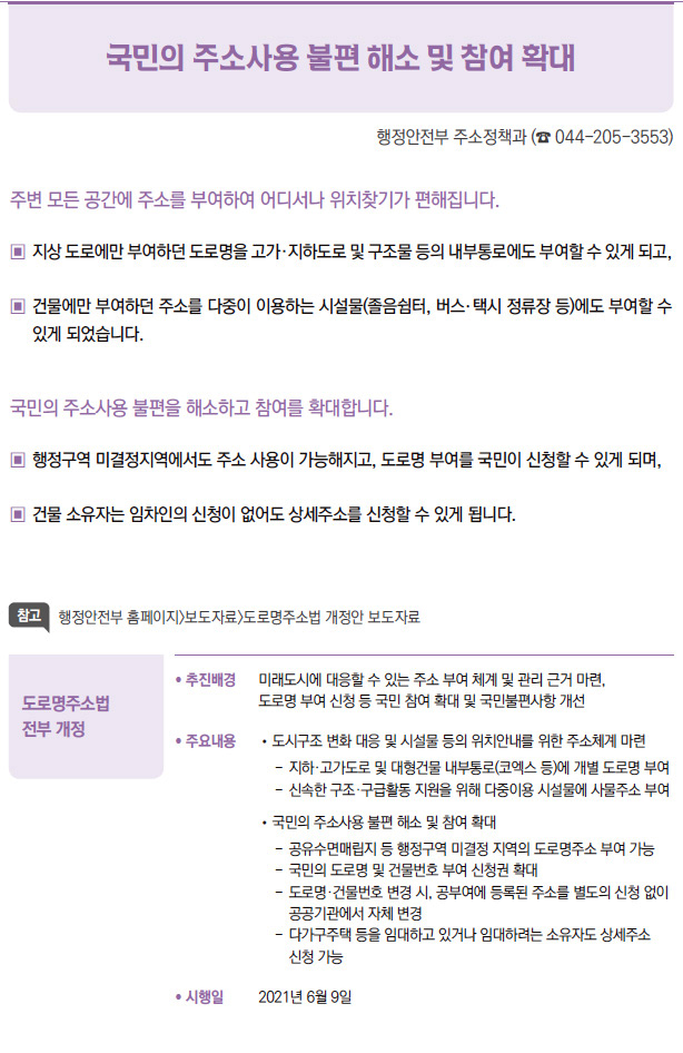 도로명주소법 전부 개정▶/ 추진배경 미래도시에 대응할 수 있는 주소 부여 체계 및 관리 근거 마련,도로명 부여 신청 등 국민 참여 확대 및 국민불편사항 개선/ 주요내용 / 도시구조 변화 대응 및 시설물 등의 위치안내를 위한 주소체계 마련- 지하·고가도로 및 대형건물 내부통로(코엑스 등)에 개별 도로명 부여- 신속한 구조·구급활동 지원을 위해 다중이용 시설물에 사물주소 부여/ 국민의 주소사용 불편 해소 및 참여 확대- 공유수면매립지 등 행정구역 미결정 지역의 도로명주소 부여 가능- 국민의 도로명 및 건물번호 부여 신청권 확대- 도로명·건물번호 변경 시, 공부여에 등록된 주소를 별도의 신청 없이공공기관에서 자체 변경- 다가구주택 등을 임대하고 있거나 임대하려는 소유자도 상세주소신청 가능/ 시행일 2021년 6월 9일