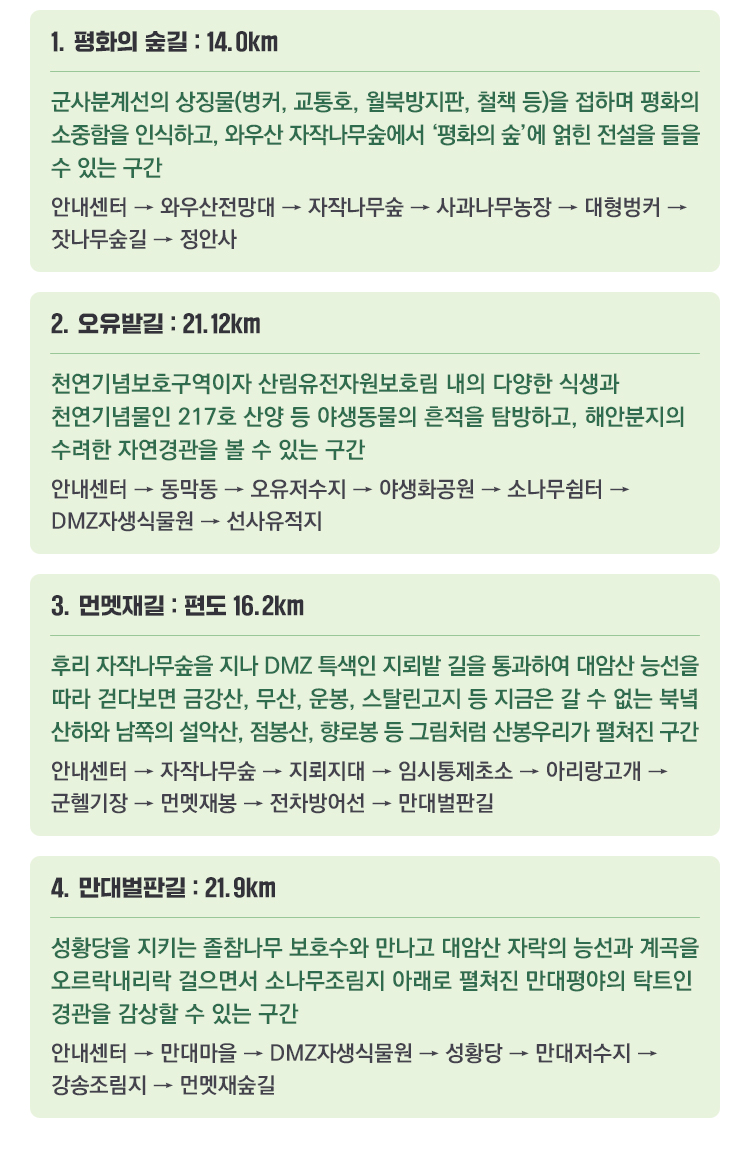 1. 평화의 숲길 : 14.0km 군사분계선의 상징물(벙커, 교통호, 월북방지판, 철책 등)을 접하며 평화의 소중함을 인식하고, 와우산 자작나무숲에서 ‘평화의 숲’에 얽힌 전설을 들을 수 있는 구간 안내센터 → 와우산전망대 → 자작나무숲 → 사과나무농장 → 대형벙커 → 잣나무숲길 → 정안사 2. 오유밭길 : 21.12km 천연기념보호구역이자 산림유전자원보호림 내의 다양한 식생과 천연기념물인 217호 산양 등 야생동물의 흔적을 탐방하고, 해안분지의 수려한 자연경관을 볼 수 있는 구간 안내센터 → 동막동 → 오유저수지 → 야생화공원 → 소나무쉼터 → DMZ자생식물원 → 선사유적지 3. 먼멧재길 : 편도 16.2km 후리 자작나무숲을 지나 DMZ 특색인 지뢰밭 길을 통과하여 대암산 능선을 따라 걷다보면 금강산, 무산, 운봉, 스탈린고지 등 지금은 갈 수 없는 북녘 산하와 남쪽의 설악산, 점봉산, 향로봉 등 그림처럼 산봉우리가 펼쳐진 구간 안내센터 → 자작나무숲 → 지뢰지대 → 임시통제초소 → 아리랑고개 → 군헬기장 → 먼멧재봉 → 전차방어선 → 만대벌판길 4. 만대벌판길 : 21.9km 성황당을 지키는 졸참나무 보호수와 만나고 대암산 자락의 능선과 계곡을 오르락내리락 걸으면서 소나무조림지 아래로 펼쳐진 만대평야의 탁트인 경관을 감상할 수 있는 구간 안내센터 → 만대마을 → DMZ자생식물원 → 성황당 → 만대저수지 → 강송조림지 → 먼멧재숲길