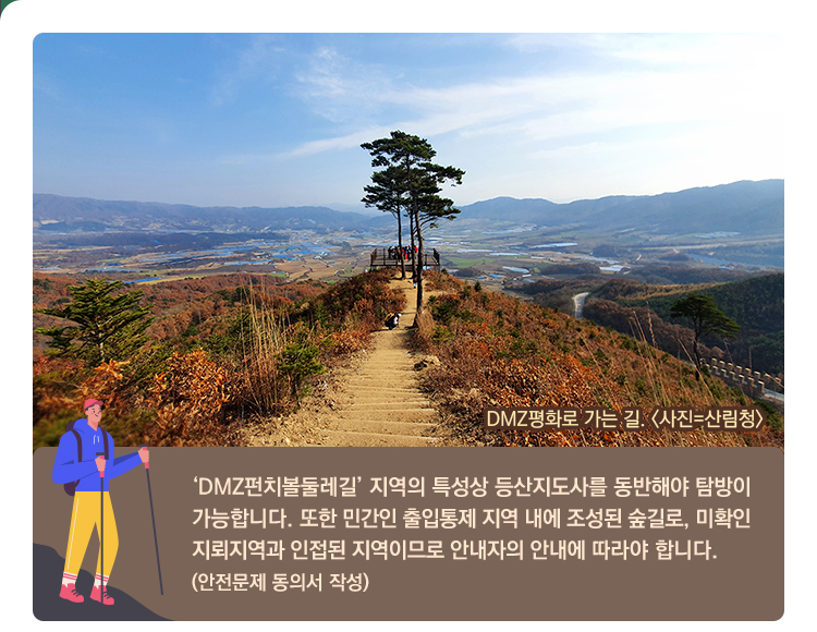 DMZ평화로 가는 길<사진=산림청>‘DMZ펀치볼둘레길’ 지역의 특성상 등산지도사를 동반해야 탐방이 가능합니다. 또한 민간인 출입통제 지역 내에 조성된 숲길로, 미확인 지뢰지역과 인접된 지역이므로 안내자의 안내에 따라야 합니다. (안전문제 동의서 작성)