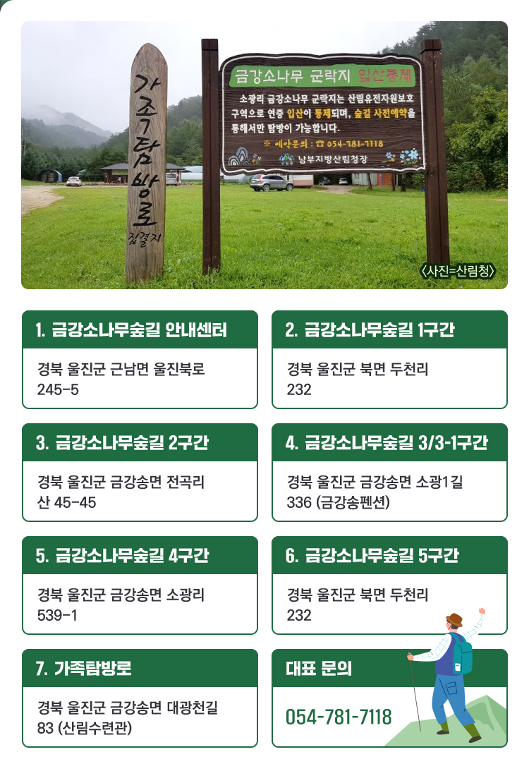 〈사진=산림청〉 1. 금강소나무숲길 안내센터 경북 울진군 근남면 울진북로 245-5, 2. 금강소나무숲길 1구간 경북 울진군 북면 두천리 232, 3. 금강소나무숲길 2구간 경북 울진군 금강송면 전곡리 산 45-45, 4. 금강소나무숲길 3/3-1구간 경북 울진군 금강송면 소광1길 336 (금강송펜션), 5. 금강소나무숲길 4구간 경북 울진군 금강송면 소광리 539-1, 6. 금강소나무숲길 5구간 경북 울진군 북면 두천리 232, 7. 가족탐방로 경북 울진군 금강송면 대광천길 83 (산림수련관), 대표 문의 054-781-7118