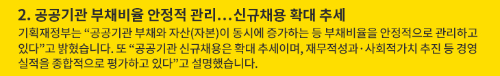 2. 공공기관 부채비율 안정적 관리…신규채용 확대 추세 - 기획재정부는 “공공기관 부채와 자산(자본)이 동시에 증가하는 등 부채비율을 안정적으로 관리하고 있다”고 밝혔습니다. 또 “공공기관 신규채용은 확대 추세이며, 재무적성과·사회적가치 추진 등 경영실적을 종합적으로 평가하고 있다”고 설명했습니다.