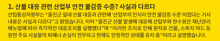 1. 산불 대응 관련 산업부 안전 불감증 수준? 사실과 다르다 - 산업통상자원부는 “울진군 일대 산불 대응과 관련해 ‘산업부의 인식이 안전 불감증 수준’이었다는 기사내용은 사실과 다르다”고 밝혔습니다. 이어 “울진군 산불 발생에 대응해 산업부와 한수원은 재난관리 매뉴얼에 따라 즉각적인 대응조치를 실행했다”며 “이러한 조치로 인해 원자로 건물, 스위치 야드 등 원전 주요 시설물의 피해나 손실이 전무하고 현재도 안정적인 상태를 유지 중”이라고 설명했습니다.