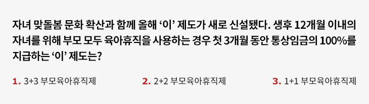 자녀 맞돌봄 문화 확산과 함께 올해 ‘이’ 제도가 새로 신설됐다. 생후 12개월 이내의 자녀를 위해 부모 모두 육아휴직을 사용하는 경우 첫 3개월 동안 통상임금의 100%를 지급하는 ‘이’ 제도는? 1. 3+3 부모육아휴직제 2. 2+2 부모육아휴직제 3. 1+1 부모육아휴직제