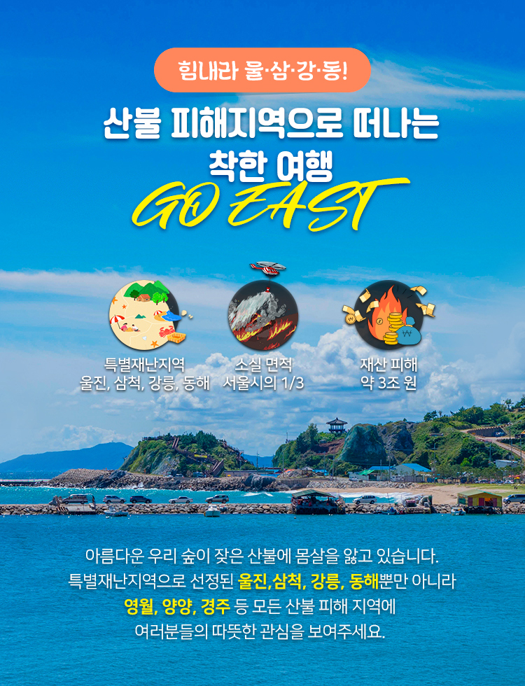 힘내라 울·삼·강·동! 산불 피해지역으로 떠나는 착한 여행 GO EAST 특별재넌지역 울진, 삼척, 강릉, 동해 소실면적 서울시의 1/3 재산피해 약 3조 원 아름다운 우리 숲이 잦은 산불에 몸살을 앓고 있습니다. 특별재난지역으로 선정된 울진, 삼척, 강릉, 동해뿐만 아니라 영월, 양양, 경저 등 모든 산불 피해 지역에 여러분들의 따뜻한 관심을 보여주세여.